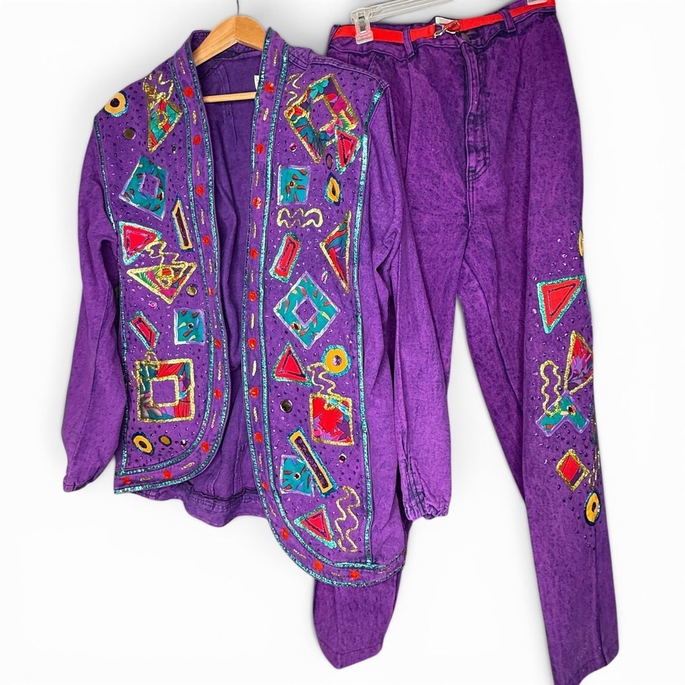 Hand Painted Shannon Rogers Abstract Geometric  2-Piece Jacket & Pants Set LG